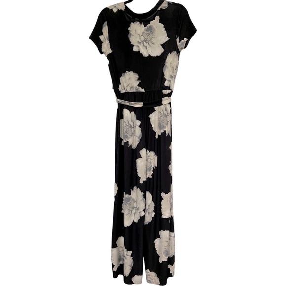 Women’s Black Tie Front Floral Wide Leg Stretchy Belted Jumpsuit Romper Small - Picture 2 of 5